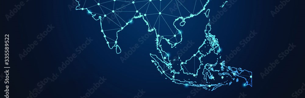 Eine schematische Darstellung von Asien, die durch leuchtende Linien und Punkte miteinander verbundene geografische Konturen zeigt. Der Hintergrund ist dunkelblau, wodurch die Konturen und Verbindungen hervortreten.